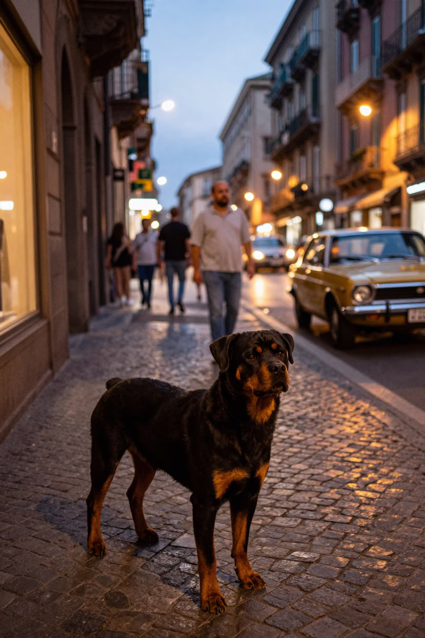 Evening Naples Street Scene with Rottweiler and Vintage 1970s Urban Details in in Naples, Italy