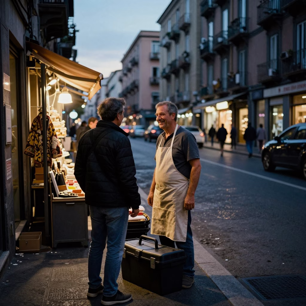 Evening Naples Street Scene with Shopkeeper and Toolbox at Dusk in in Naples, Italy