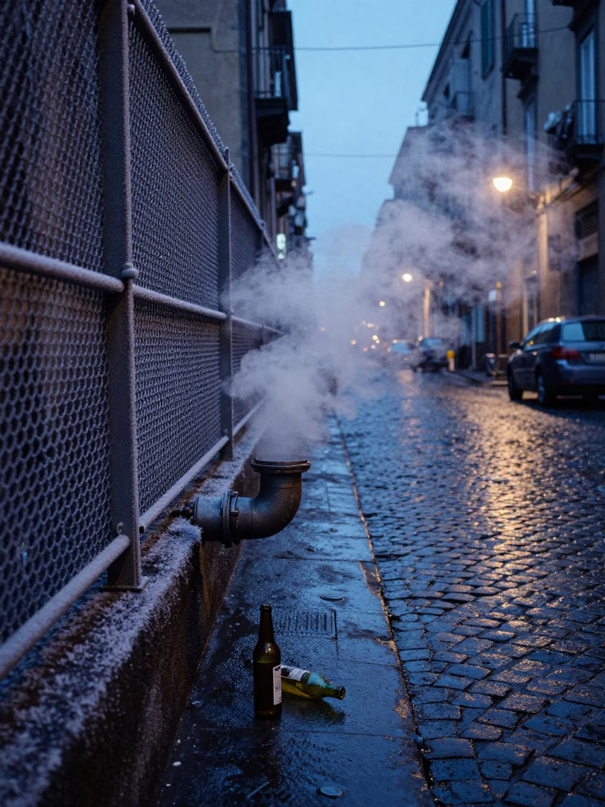 Evening Naples Street Scene with Steaming District Heating Pipe and Colored Glass Bottle in in Naples, Italy