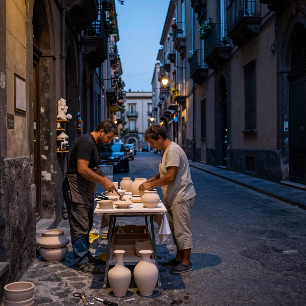Evening Naples Street Scene with Tailor Shears and Pottery Market in Blue Light in in Naples, Italy