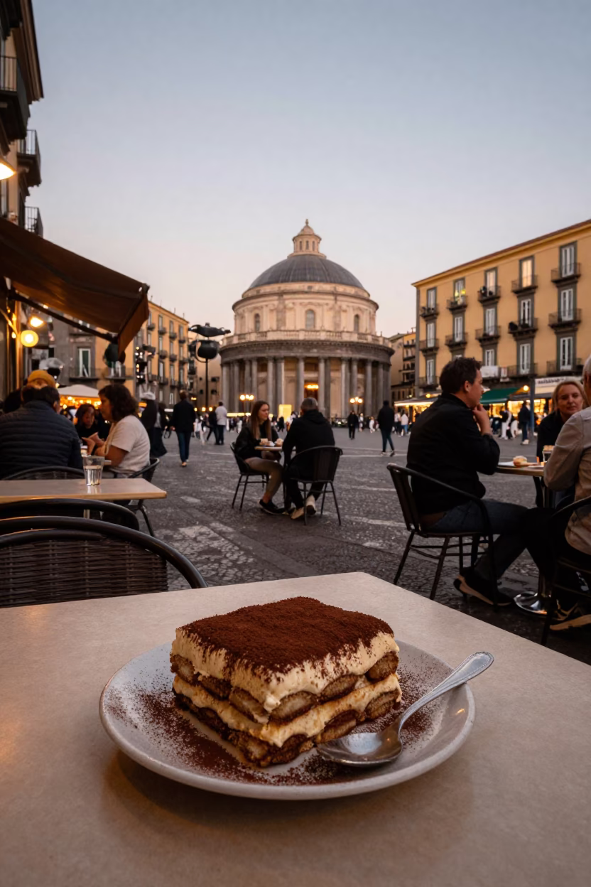 Evening Naples Street Scene with Tiramisu and Local Life in in Naples, Italy