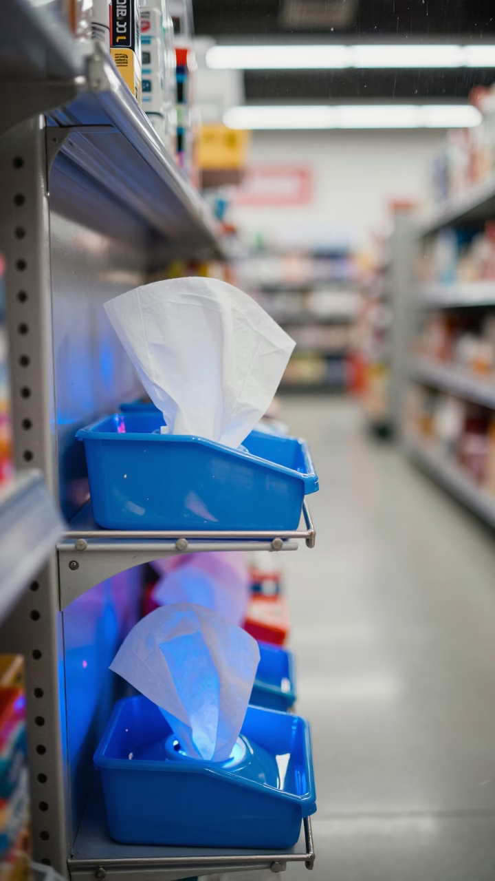 Evening Neon Light on Cleaning Wipe Caddy in inside a bright retail aisle near Ferrara