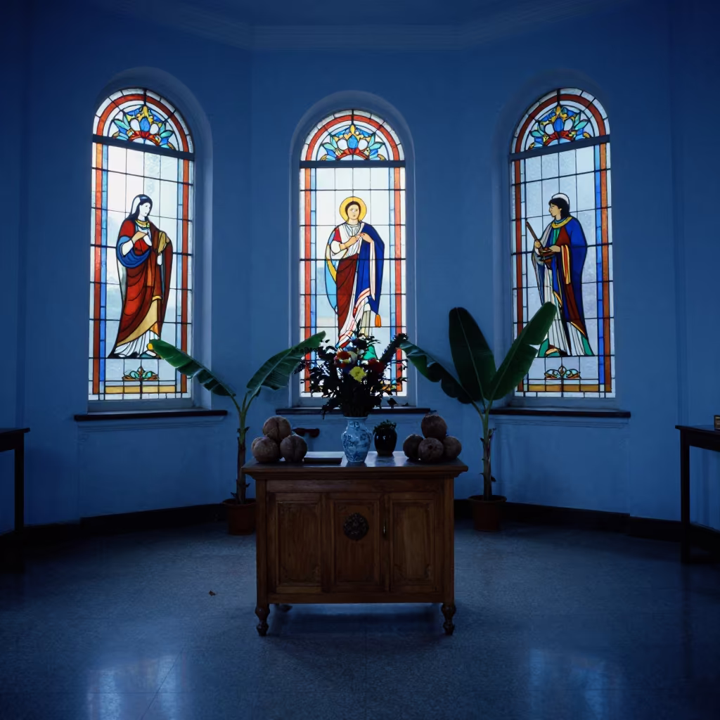 Evening Offering Table Coconuts Flowers Chapel in in a chapel lit by stained glass in Pyongyang