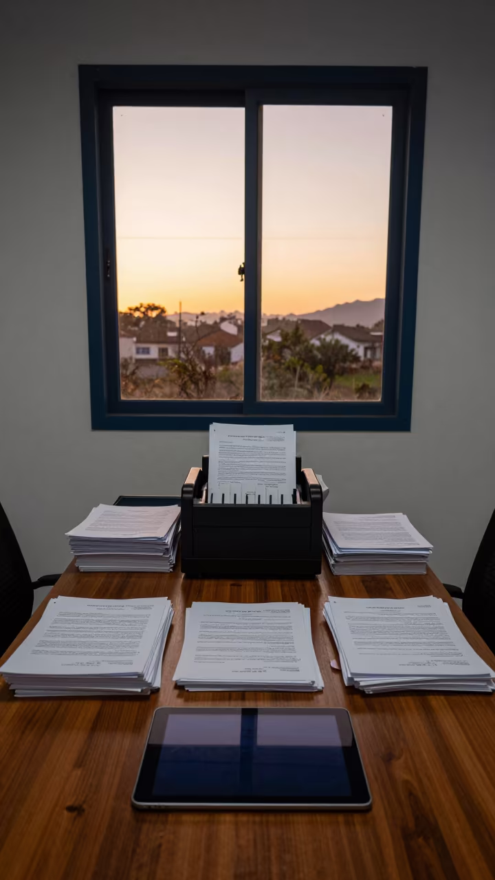 Evening Office Packet Sorter with Compliance Files in in an operations center under monitor glow near Paraty