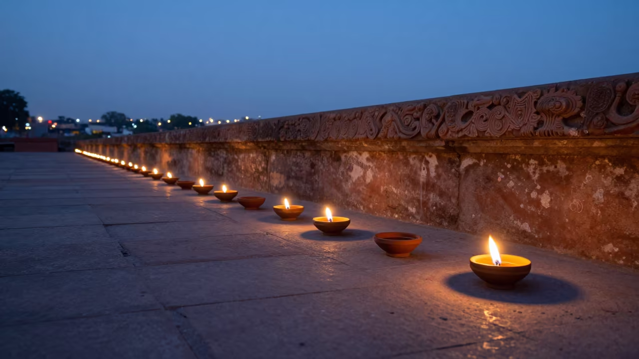 Evening Oil Lamps Along Delhi Ghats During Aarti in in a temple courtyard in Nizamuddin, Delhi