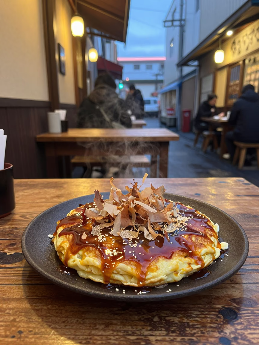 Evening Okonomiyaki in Sapporo at The Early Evening Light in in Sapporo, Japan