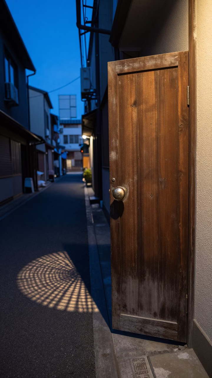 Evening Osaka Street Scene with Doorknob and Wicker Shadow in Blue Hour Light in in Osaka, Japan
