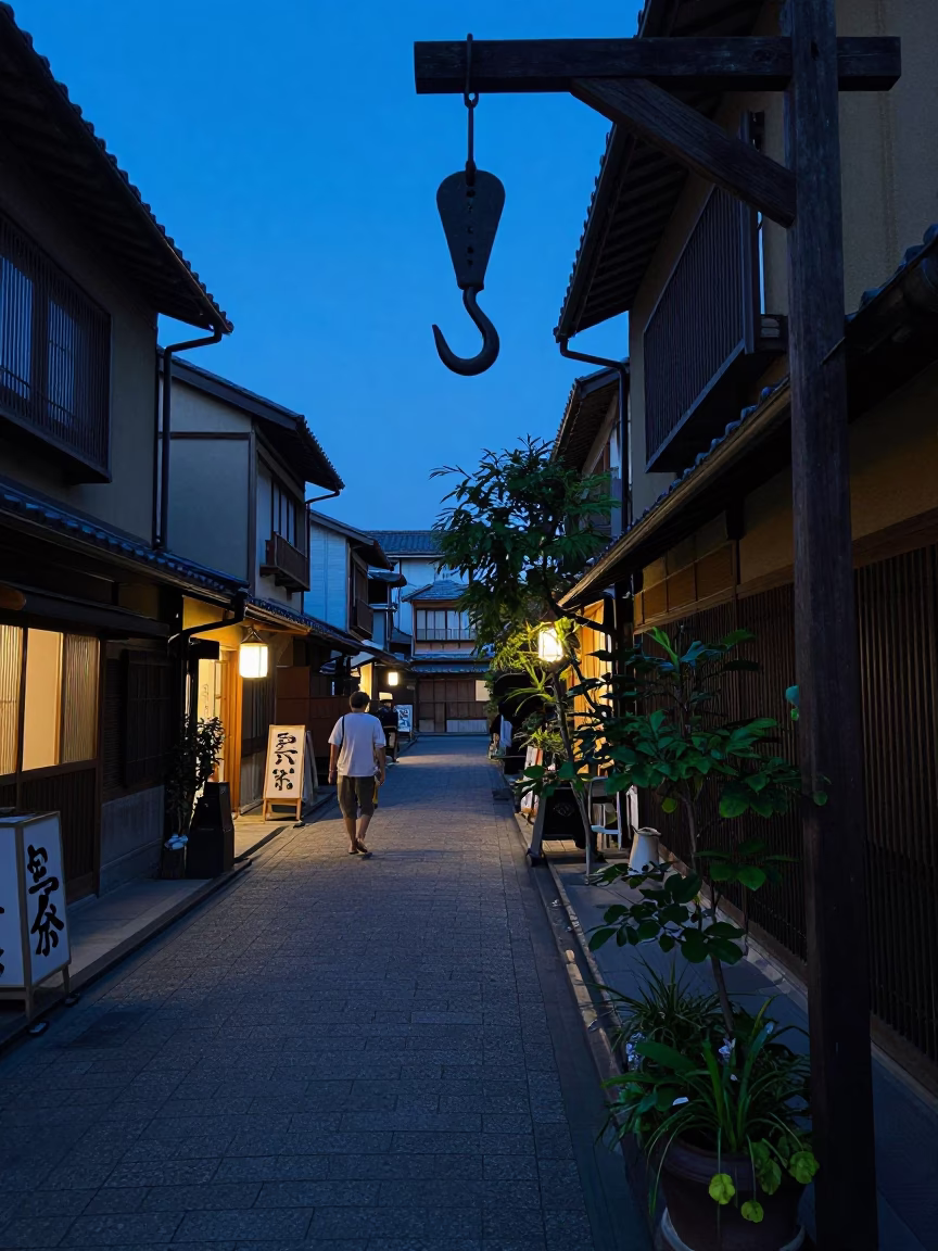 Evening Osaka Street Scene with Iron Hook and Garden Shears on Display in in Osaka, Japan