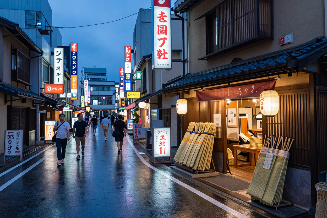 Evening Osaka Street Scene with Neon Lights and Traditional Shopfronts in in Osaka, Japan