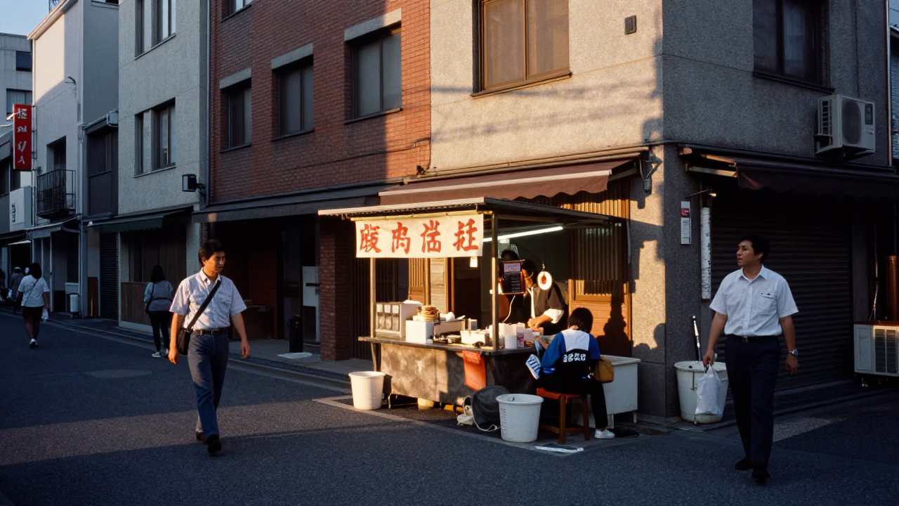 Evening Osaka Street Scene with Vendor and Passersby in in Osaka, Japan