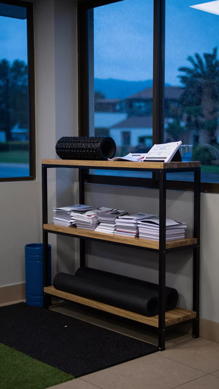 Evening Packet Pickup Shelf in Zapopan Lounge in inside a recovery lounge beside foam rollers near Zapopan