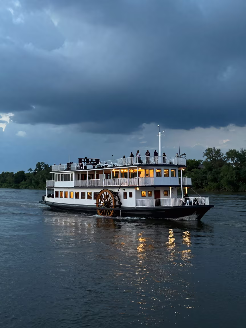 Evening Paddlewheel Ferry on Remote River in across a remote ferry crossing in United States