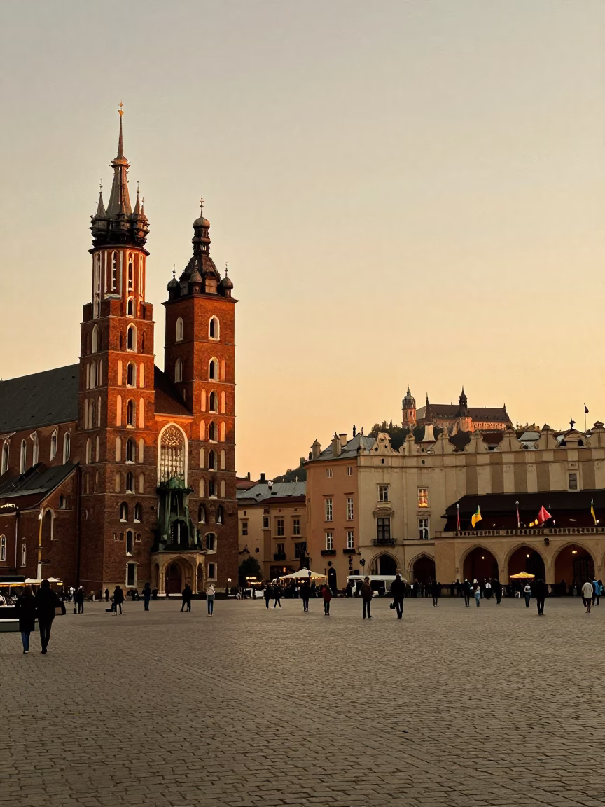 Evening Panorama at Honeyed Evening Light in Krakow in in Krakow, Poland