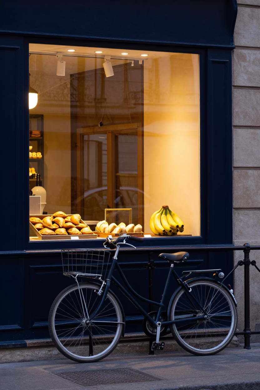 Evening Paris Street Scene with Bicycle and Bakery Window Display at Dusk in in Paris, France