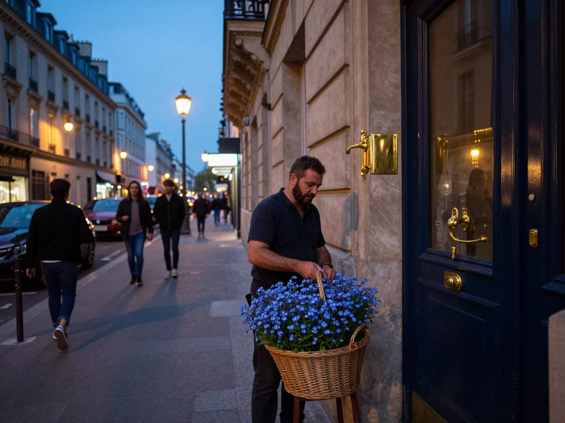 Evening Paris Street Scene with Brass Hardware and Forget-Me-Not Flowers in in Paris, France