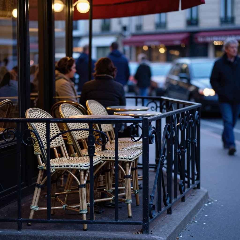 Evening Paris Street Scene with Cafe Furniture and Local Details in in Paris, France