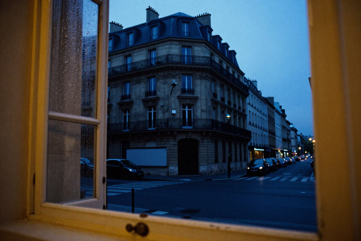 Evening Paris Street Scene with Condensation on Window Frame and Plate on Cafe Table in in Paris, France