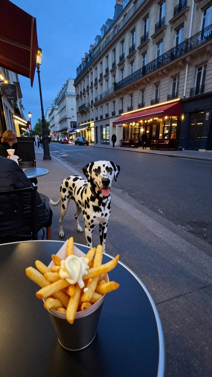 Evening Paris Street Scene with Dalmatian and Fries Near Eiffel Tower in in Paris, France