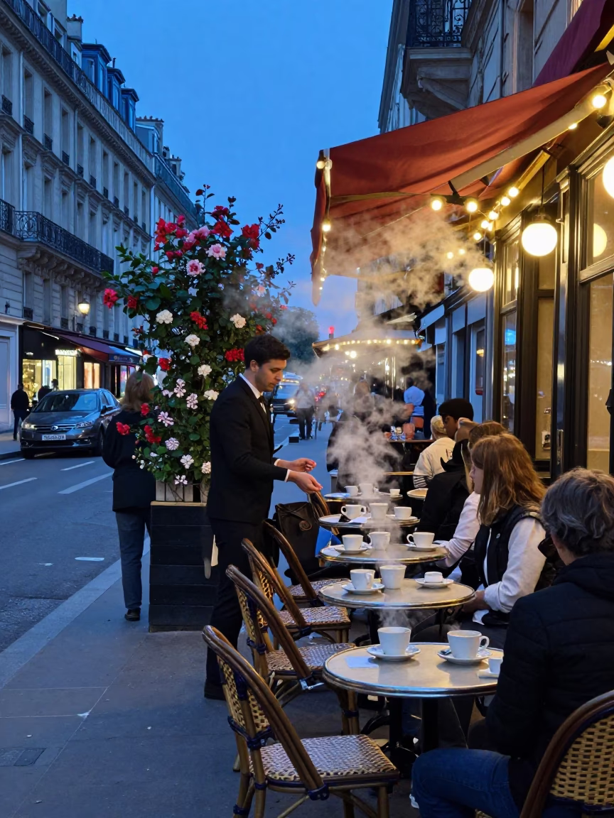 Evening Paris Street Scene with Flowering Plant and Steam Haze at Last Blue Light in in Paris, France