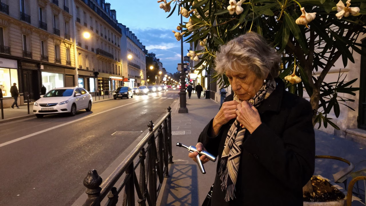 Evening Paris Street Scene with Garlic Press and Oleander Hedge in in Paris, France