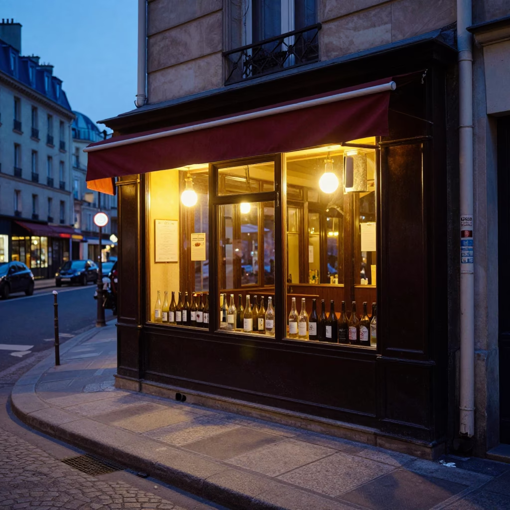 Evening Paris Street Scene with Glass Bottles and Grease Sheen on Wall in in Paris, France