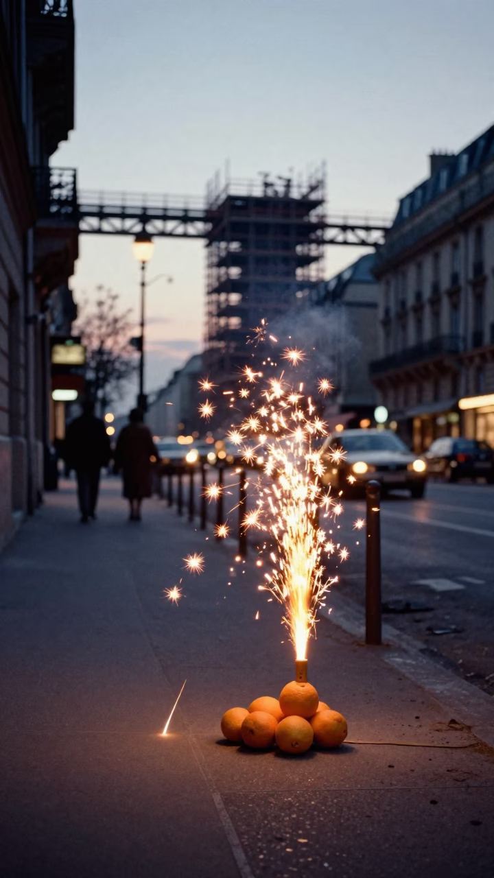 Evening Paris Street Scene with Oranges and Construction Sparks Beneath Bridge in in Paris, France