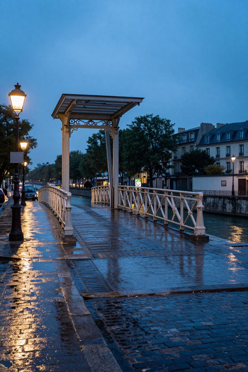 Evening Paris Street Scene with Rain-Slicked Cobblestones and Lacquered Drawbridge Deck in in Paris, France