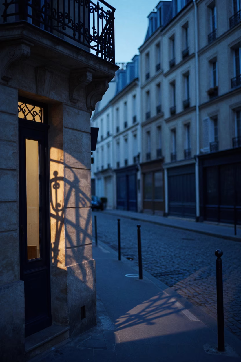 Evening Paris Street Scene with Wicker Shadow on Doorframe and Vintage Car Rally in in Paris, France