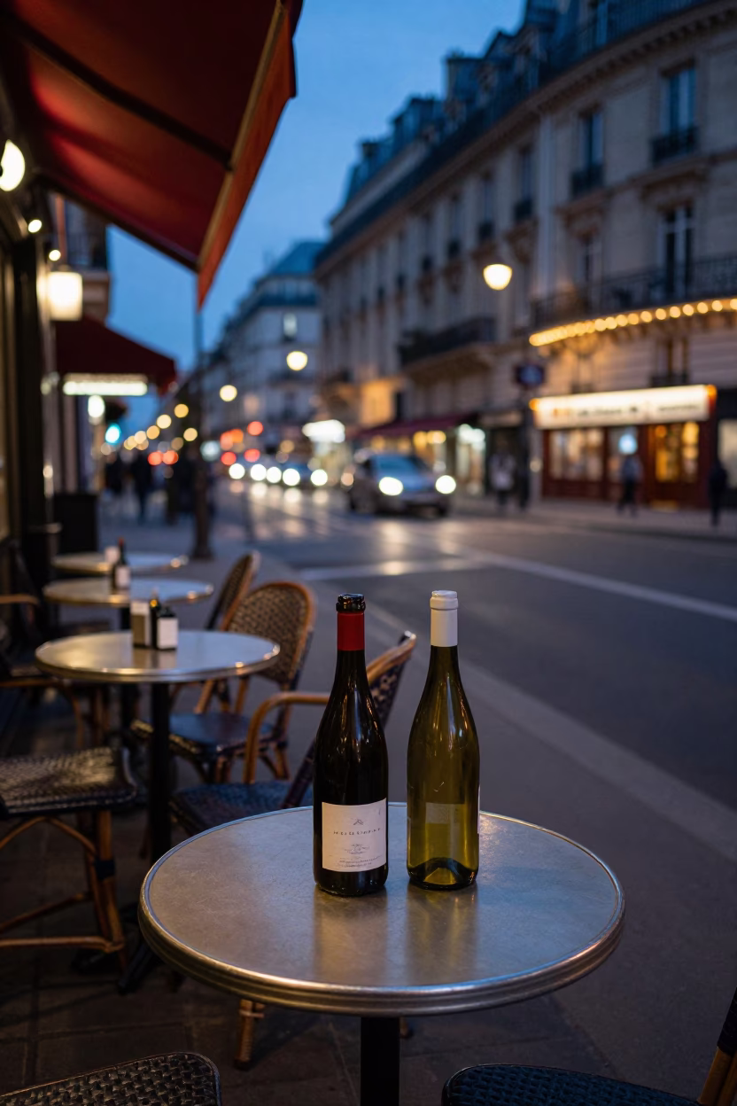 Evening Parisian Cafe Scene with Wine Bottle and Carafe Stopper in in Paris, France