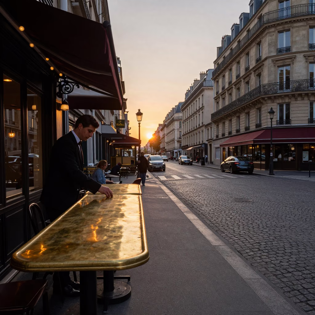 Evening Parisian Street Scene with Brass Countertop and Step Stool Outside Historic Cafe in in Paris, France