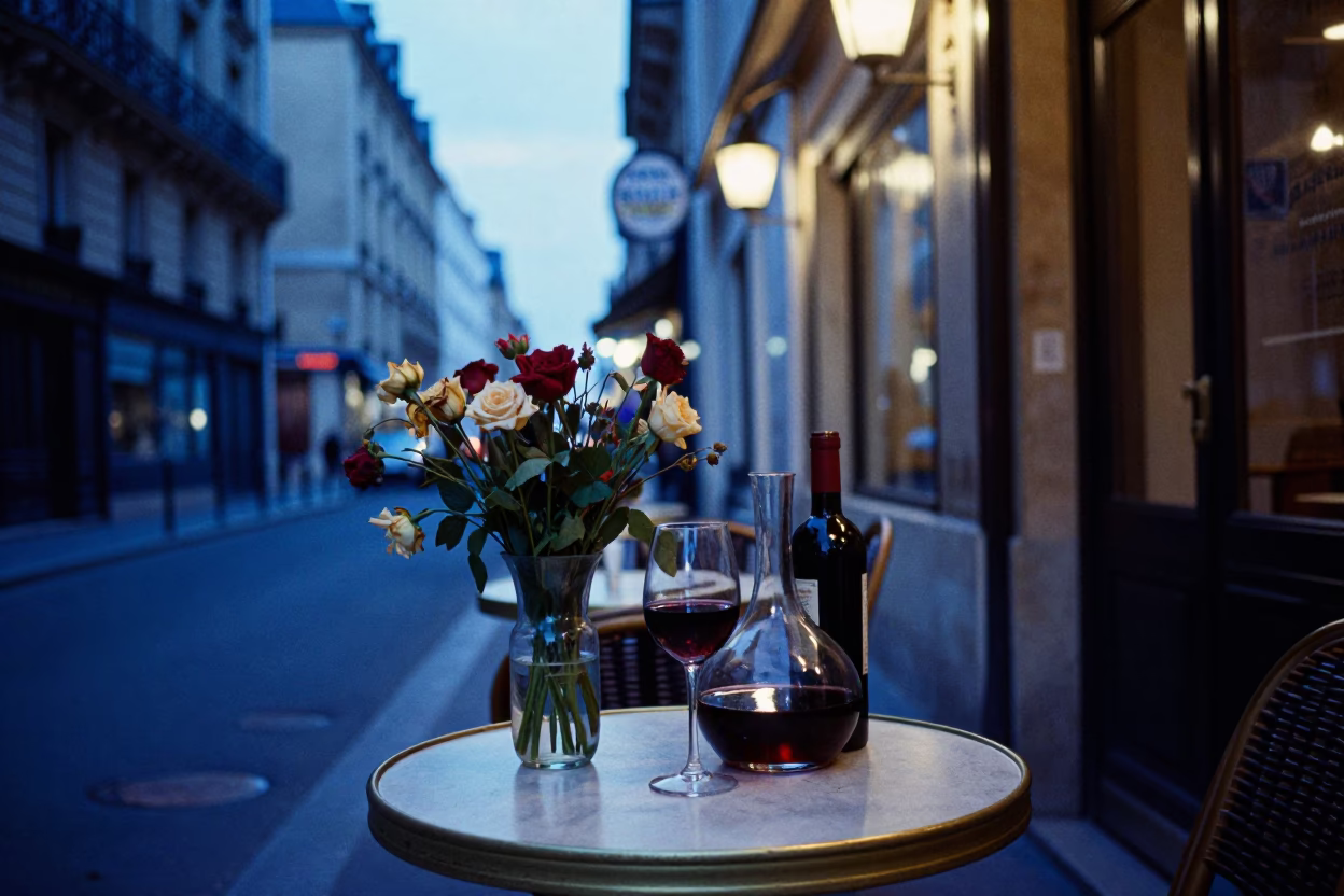 Evening Parisian Street Scene with Vintage Details and Local Atmosphere in in Paris, France