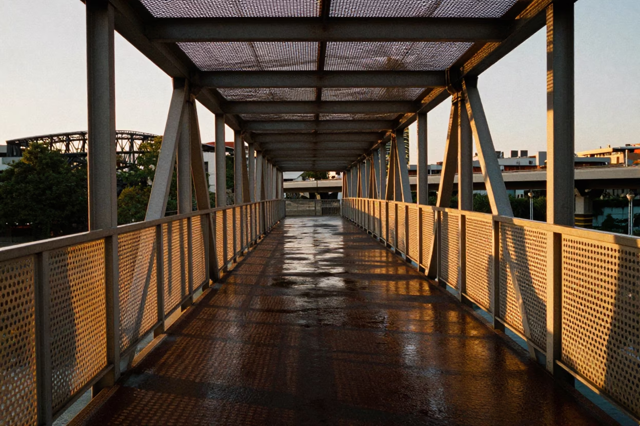 Evening Pedestrian Overpass in Bilbao Spain with Perforated Metal and Wet Footsteps in in Bilbao, Spain