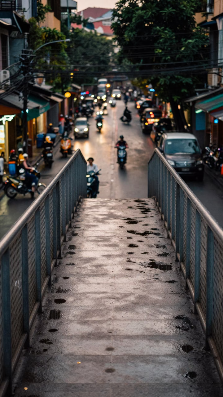 Evening Pedestrian Overpass in Hanoi Vietnam with Wet Footsteps and Urban Life in in Hanoi, Vietnam