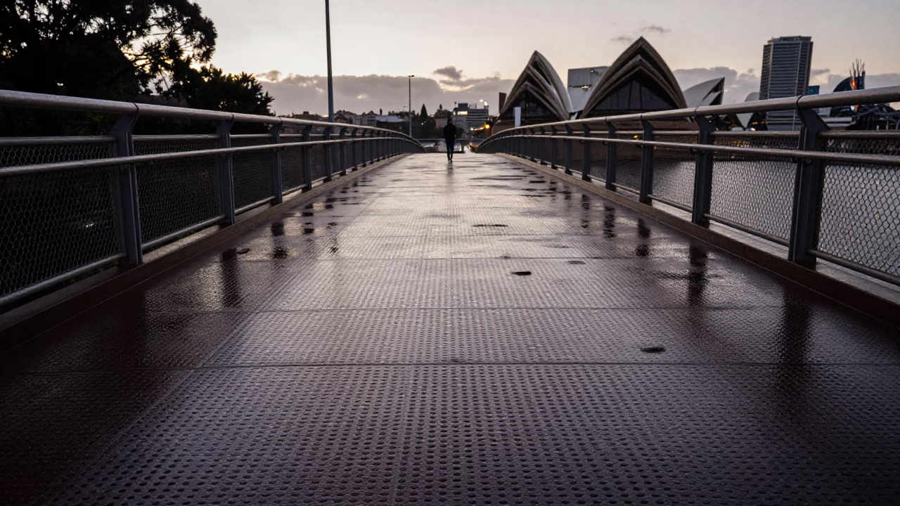 Evening Pedestrian Overpass in Sydney NSW with Wet Footsteps and City Skyline in in Sydney, New South Wales, Australia