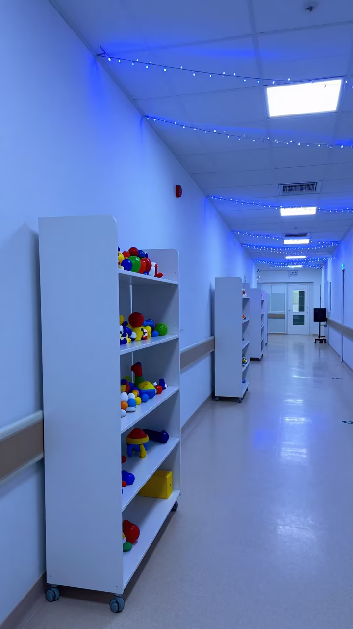 Evening pediatric distraction shelf hospital corridor in inside a hospital corridor in Karaganda