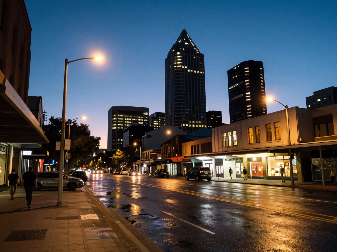 Evening Perth Street Scene with Neon Reflections and Urban Details in in Perth, Western Australia, Australia
