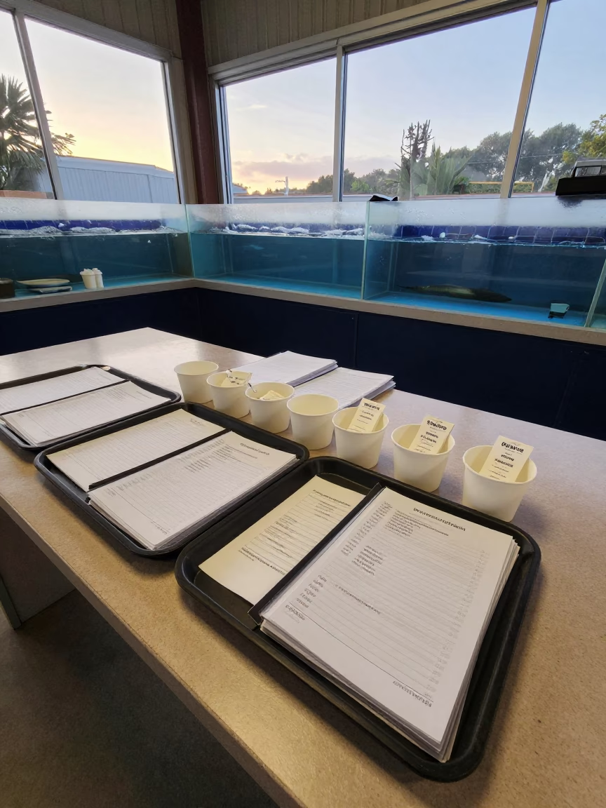 Evening Pet Intake Desk with Trays in inside a fish bagging counter zone in Cerro Bellavista, Valparaiso
