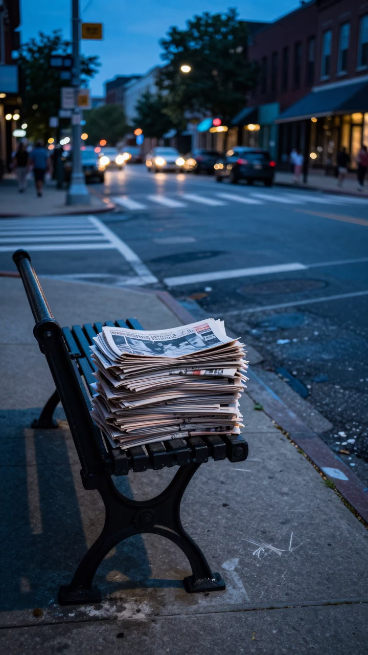 Evening Philadelphia Street Corner with Newspaper Stack and Scratched Drain in in Philadelphia, Pennsylvania, United States