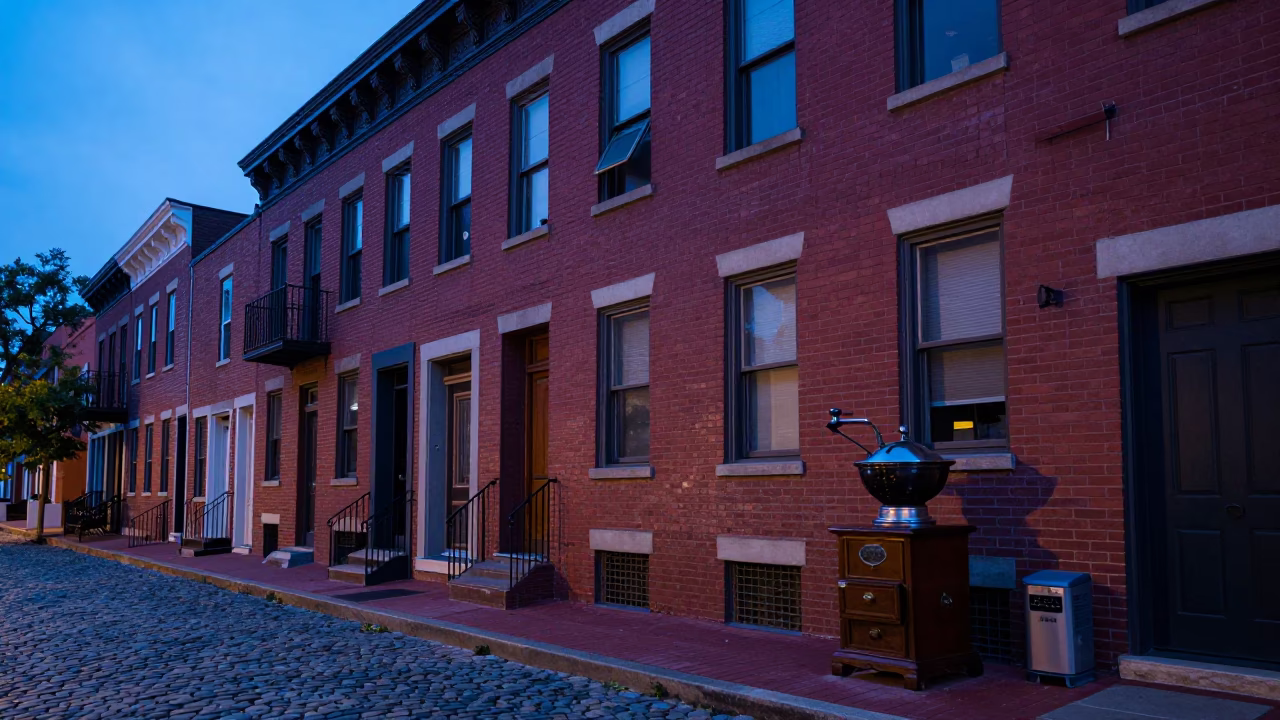 Evening Philadelphia Street Scene with Vintage Coffee Grinder and Cafe Utensil Crock in in Philadelphia, Pennsylvania, United States