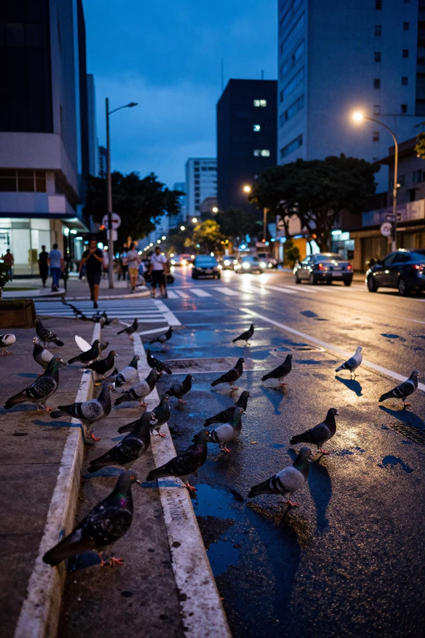 Evening pigeons and urban street life in São Paulo Brazil blue hour in in São Paulo, Brazil