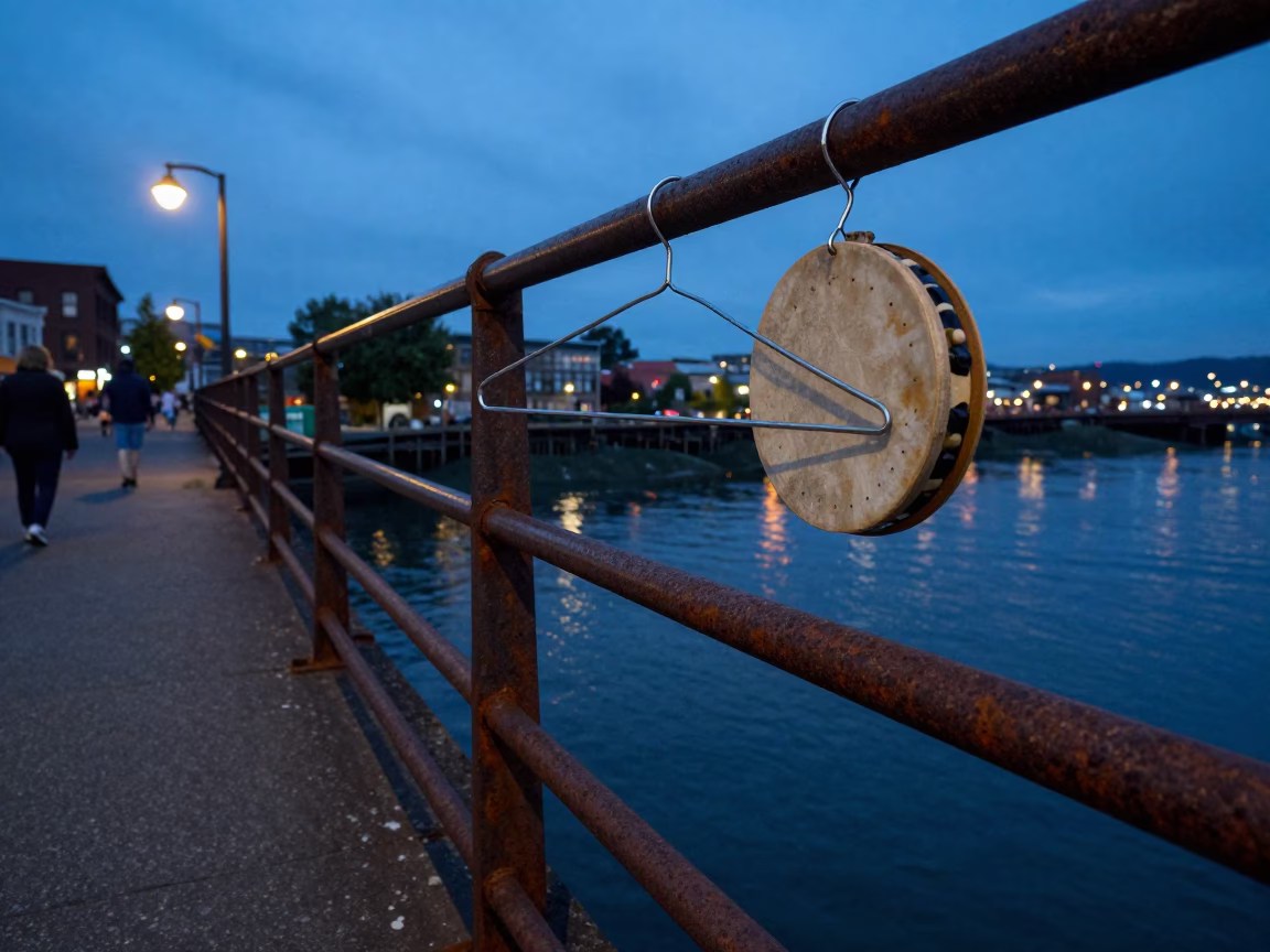 Evening Portland Oregon Street Scene with Shirt Hanger and Tambourine in Blue Light in in Portland, Oregon, United States