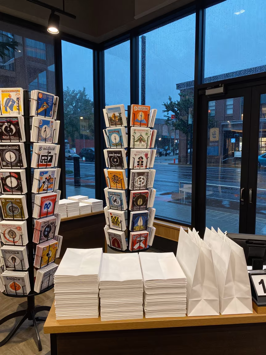 Evening Postcard Spinner at Buffalo Museum Shop in at a cash wrap counter with bags stacked nearby in Buffalo