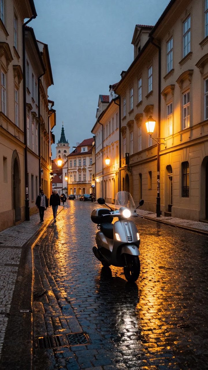Evening Prague Street Scene with Scooter and Local Details in in Prague, Czech Republic