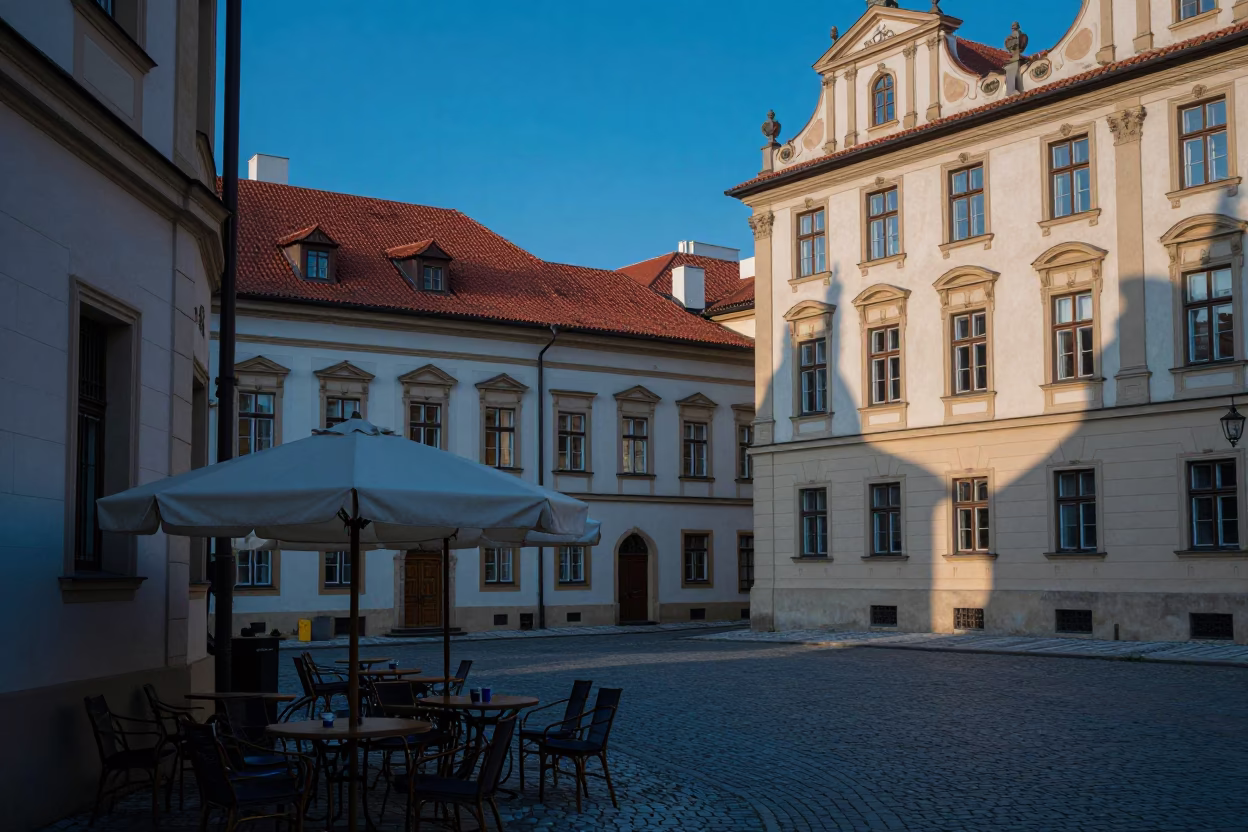 Evening Prague Street Scene with Umbrellas and Coffee in Last Blue Light in in Prague, Czech Republic