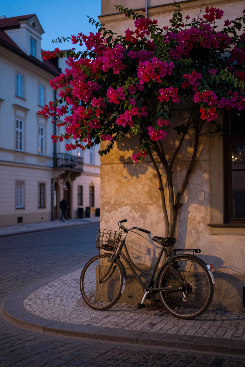 Evening Prague Street Scene with Vintage Bicycle and Bougainvillea Wall in in Prague, Czech Republic