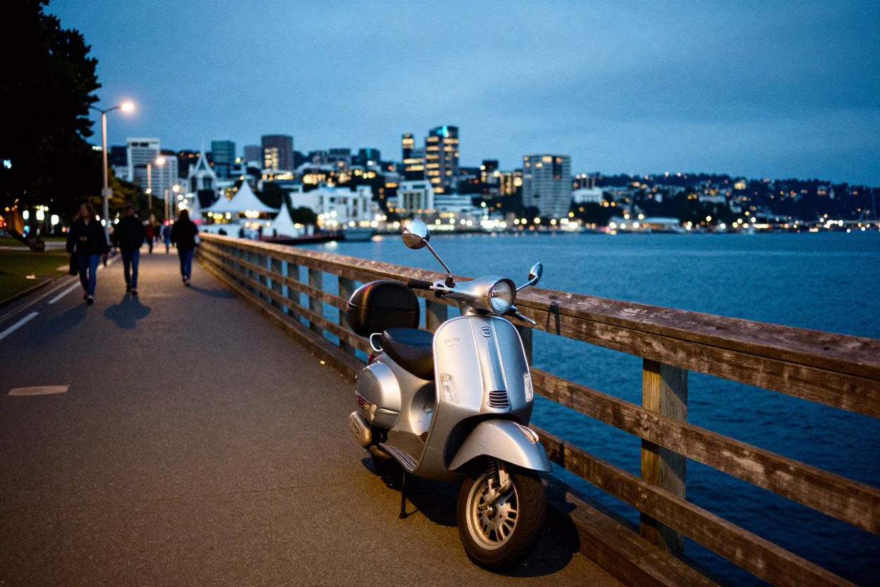 Evening Promenade Scene with Scooter and Harbor Lights in Wellington New Zealand in in Wellington, New Zealand