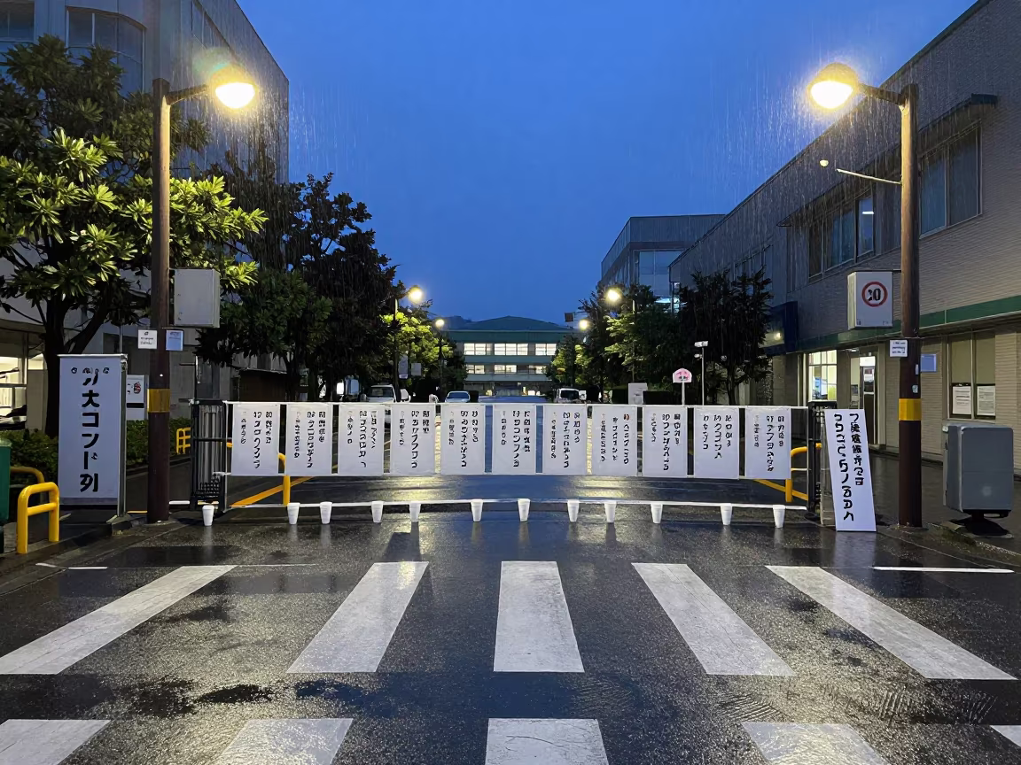 Evening protest at Sapporo school gate with signs in at a crosswalk by a school gate in Sapporo