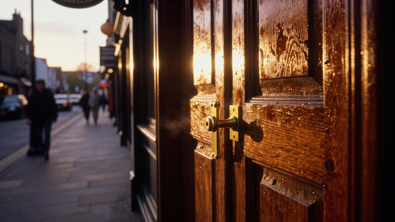 Evening Pub Scene in Dublin Ireland with Deadbolt and Condensation Details in in Dublin, Ireland