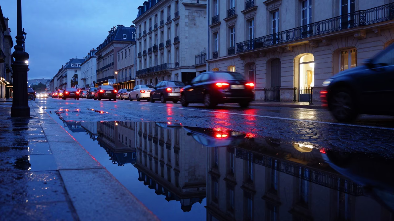 Evening Puddle Reflections of Hotel Windows and Tail Lights in Nice France in in Nice, France