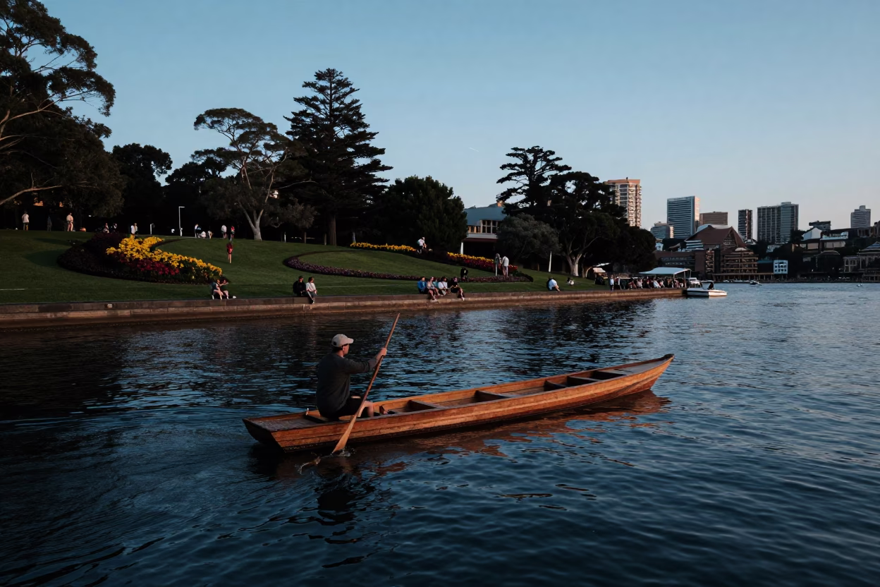 Evening Punting Scene in Sydney with College Gardens and Water Reflections in in Sydney, New South Wales, Australia